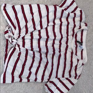 Navy blue, red, and white striped shirt